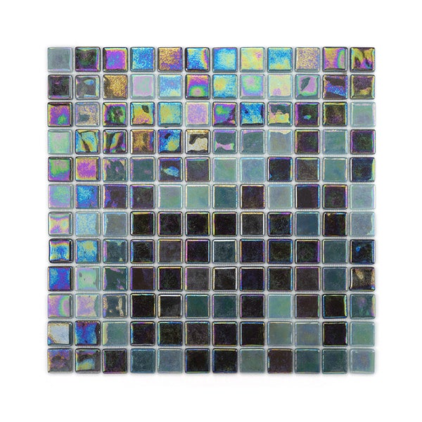 Quadratisches Mosaikfliesennetz mit schillernden Oberflächen in verschiedenen Abstufungen.