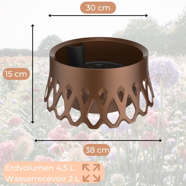 Blumenkübel mit den Maßen 15 cm Höhe, 30 cm oben und 38 cm unten, Erdvolumen 4,5 Liter, Wasserreservoir 2 Liter