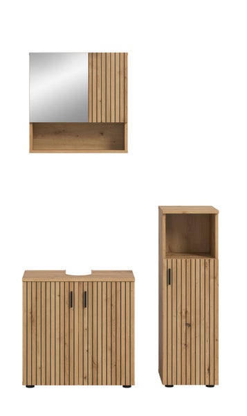 Badezimmermöbel-Set in Eichenoptik mit schwarzen Lamellen, bestehend aus Spiegelschrank, Waschbeckenunterschrank und Seitenschrank.