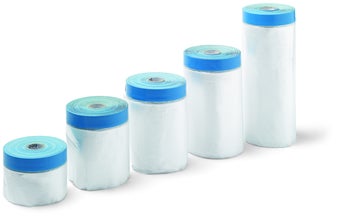 Fünf verschiedene Rollen Abdeckfolie mit Klebeband in unterschiedlichen Längen und Breiten zum Abkleben bei Malerarbeiten.