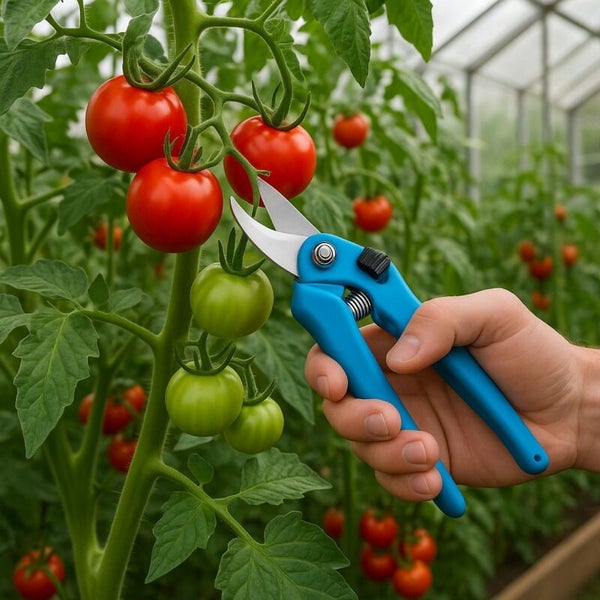 Tomatenpflanze wird mit einer Gartenschere beschnitten.