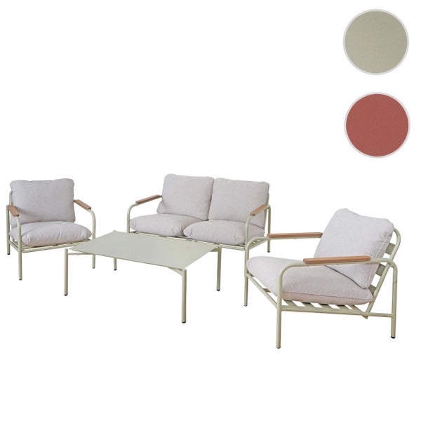 Gartenmöbel-Set bestehend aus einem Zweisitzer-Sofa, zwei Sesseln und einem Tisch mit Metallgestell, Holzdetails an den Armlehnen und Polstern.