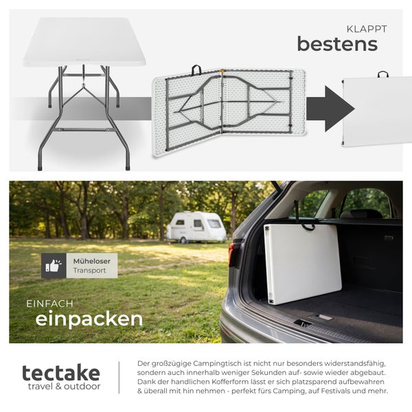 tectake Logo. Klappbarer Campingtisch in Kofferform, gezeigt im aufgebauten und gefalteten Zustand sowie platzsparend im Kofferraum beim Camping.