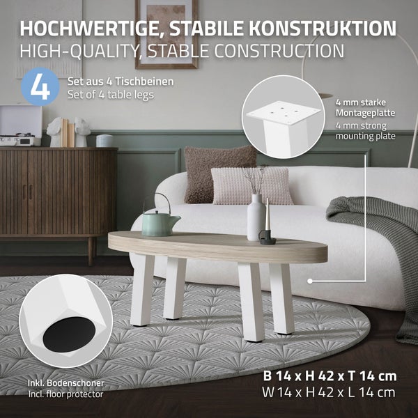 ML-Design 4er Set Tischbeine schräg H:42 cm, Weiß glänzend, aus pulverbeschichtetem Stahl, eckig, Profil 8x8 cm, I-Form, Möbelfüße Metall 96° Neigung, Tischfüße Möbelbeine für Couchtisch, Sitzbank
