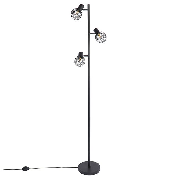 Schwarze Stehlampe mit drei Leuchten im Drahtdesign