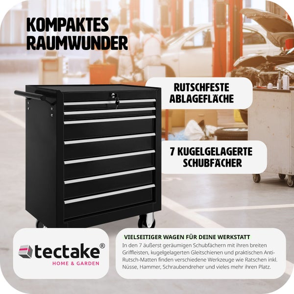 Werkzeugwagen tectake  Rollen Ø 100 mm 7 kugelgelagerte Schubladen mit Antirutschmatten schwarz