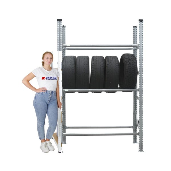 Reifenregal mit acht Reifen und den Maßen 200 cm Höhe und 250 cm Breite