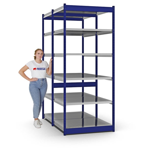 PROREGAL Fachbodenregal Stecksystem Vierkant-Profil Grundregal HxBxT 250 x 102,5 x 80 cm 2x6 Ebenen Doppelseitige Bauart Fachlast 200 kg Enzianblau
