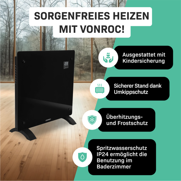 Vonroc Heizkörper mit Kindersicherung, Kippschutz, Überhitzungsschutz, Frostschutz und Spritzwasserschutz