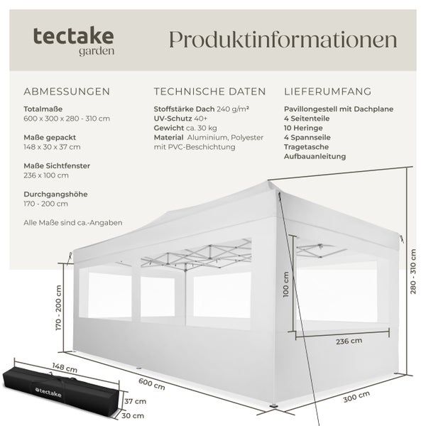 Pavillon tectake Viola inklusive Spannseile, Heringe und Tragetasche mit Aluminiumgestell weiß