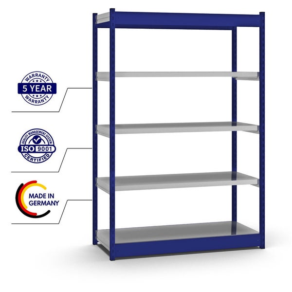 PROREGAL Fachbodenregal Stecksystem Vierkant-Profil Grundregal HxBxT 200 x 132,5 x 50 cm 5 Ebenen Einseitige Bauart Fachlast 200 kg Enzianblau