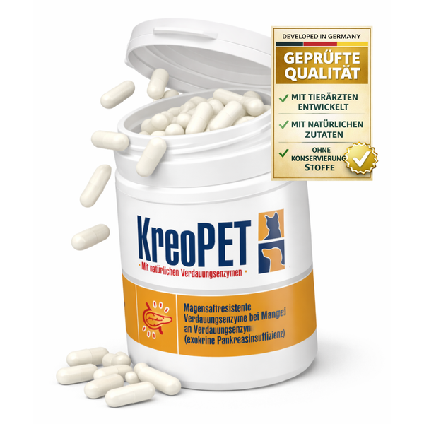 KreoPET Nahrungsergänzung für Haustiere, magensaftresistente Verdauungsenzyme in Kapseln, mit natürlichen Zutaten und ohne Konservierungsstoffe.