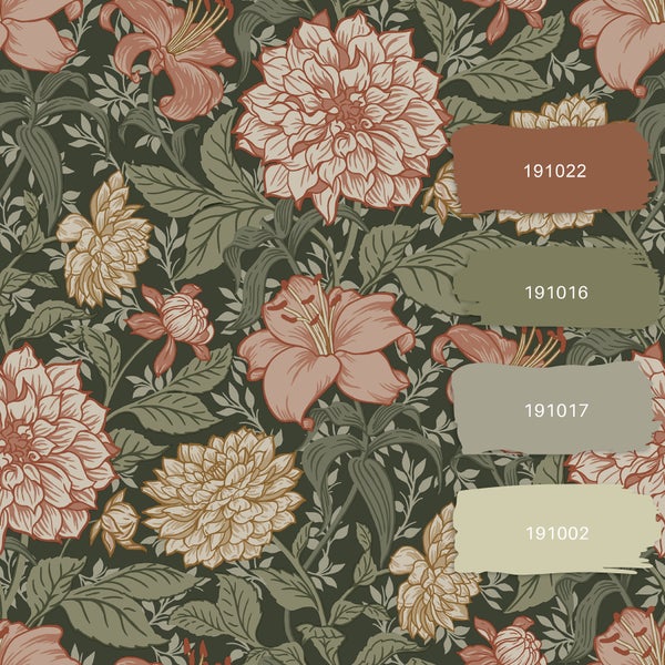 Detailansicht eines floralen Tapetenmusters mit Farbfeldern und Artikelnummern