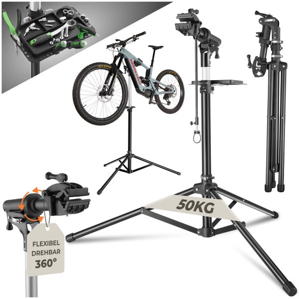Fahrrad Montageständer mit Werkzeugablage und drehbarer Halteklaue für bis zu 50 Kilogramm Traglast aus Metall in Schwarz.