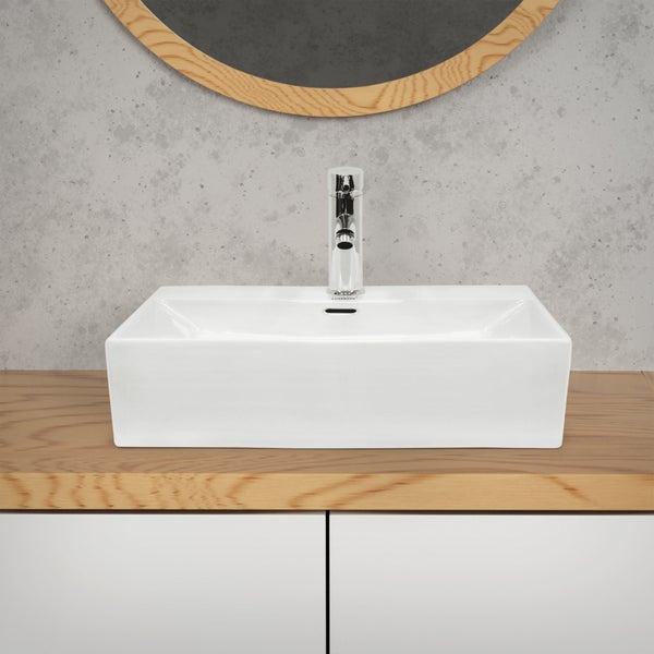 ECD Germany Waschbecken Waschtisch 515x360x130 mm aus Keramik Weiß inkl. Ablaufgarnitur für Waschbecken mit Überlauf Aufsatzbecken Aufsatzwaschbecken Aufsatzwaschtisch Waschschale Spülbecken Becken