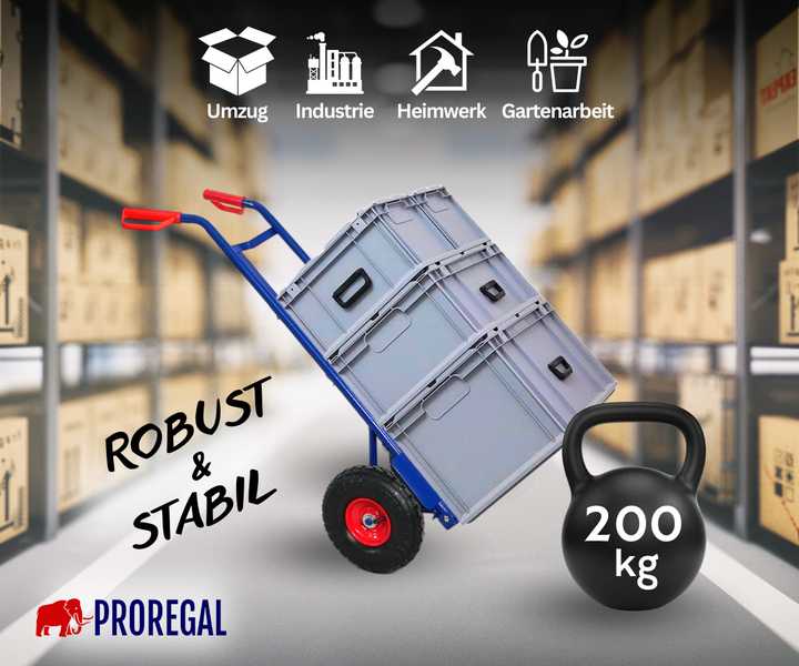 ProRegal Sackkarre für Umzug, Industrie, Heimwerken und Gartenarbeit mit 200 Kilogramm Tragkraft.