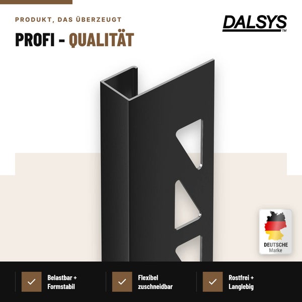 Dalsys Fliesenprofil als U Profil aus Metall zur Kantenabdeckung, belastbar, formstabil und rostfrei.