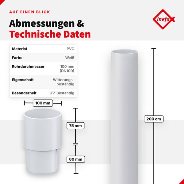 Technische Zeichnung eines Fallrohrs aus Polyvinylchlorid mit einer Länge von 200 Zentimetern und einem Rohrdurchmesser von 100 Millimetern.
