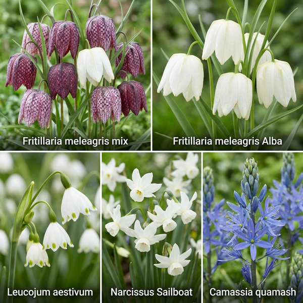 Frühlings-Blumenzwiebeln: Fritillaria meleagris Mix und Alba, Leucojum aestivum, Narcissus Sailboat und Camassia quamash.