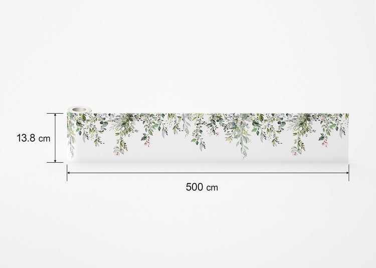 Tapetenbordüre mit botanischem Muster, hängende grüne Blätter und kleine Beeren, Maße 13,8 Zentimeter mal 500 Zentimeter.