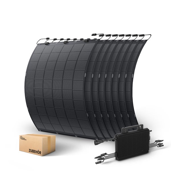 Balkonkraftwerk Set mit acht flexiblen Solarmodulen, Wechselrichter und einer Zubehörbox.