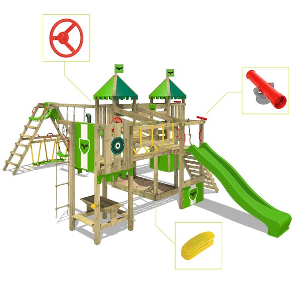 Fatmoose Spielturm Klettergerüst FunnyFortress mit Doppelschaukel, Brücke, Surfanbau und Rutsche – apfelgrün