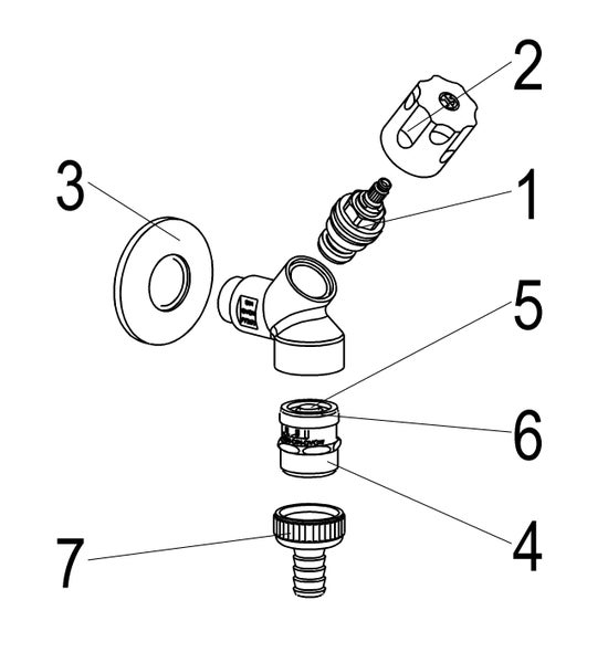 Explosionszeichnung eines Auslaufventils mit nummerierten Einzelteilen.