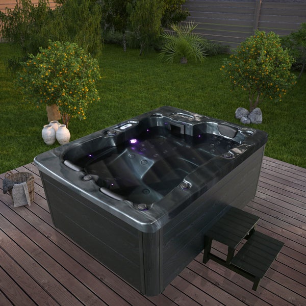 Home Deluxe - Outdoor Whirlpool - BLACK MARBLE PLUS Treppe und Thermoabdeckung - Maße 210 x 160 x 85 cm - Inkl. Heizung, 27 Massagedüsen und 9 Lichtquellen I Außen Whirlpool Spa für 3 Personen