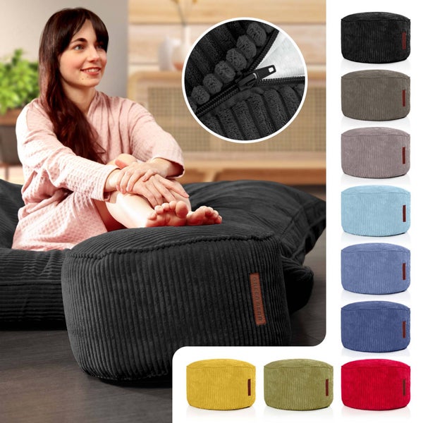 Green Bean Pouf-Kissen 45x25cm mit EPS-Perlen Füllung & Cordstoff Bodenkissen Liegekissen Sitzkissen Sitzhocker Sessel Kinder Erwachsene Stoff Hocker Ablage Schwarz