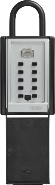 ABUS Schlüsseltresor mit Bügel, Druckknopf-Zahlenschloss, Schutzklappe und ABUS Logo.