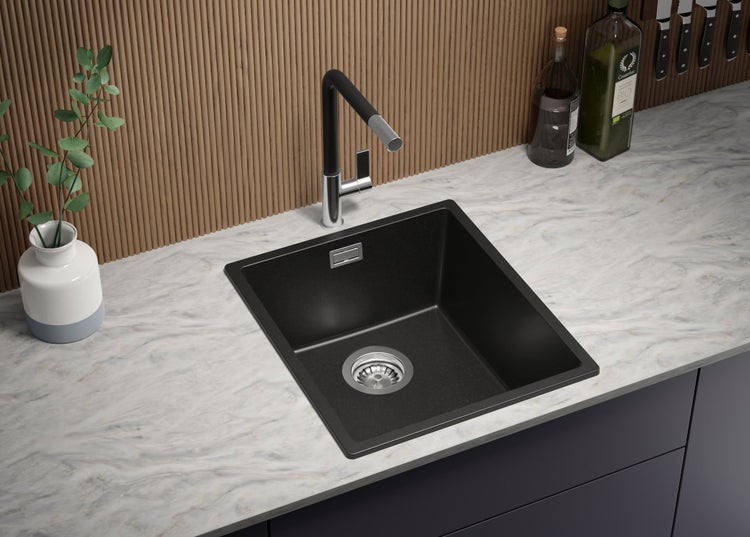 PRIMAGRAN Granitspüle Alles Schwarz 41x47cm, Spülbecken 1 Becken + Küchenarmatur 40x20cm + Ablauf-Set, Küchenspüle ab 45er Unterschrank - London Slim