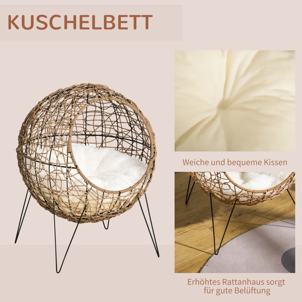 PawHut Katzenbett aus Rattan, Ø45 x 57H cm, PE-Rattan, Braun