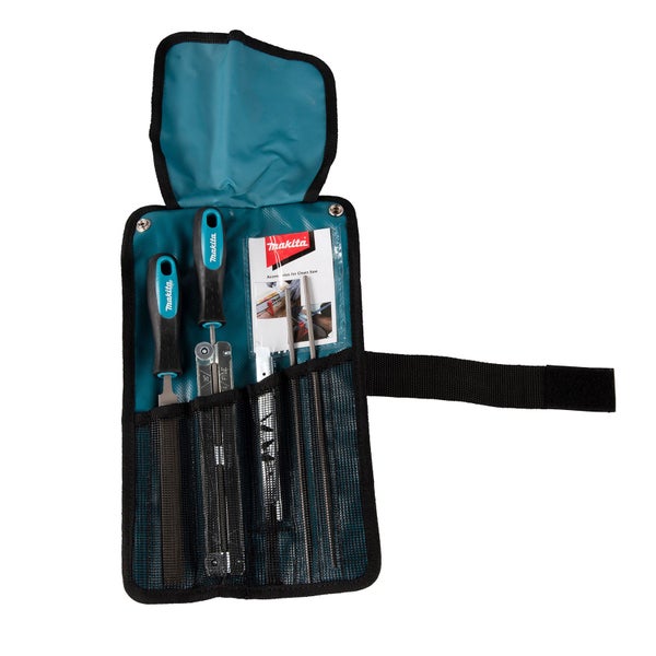 Makita Kettensägen-Schärfset bestehend aus Flachfeile, Rundfeilen, Feilenhalter, Tiefenbegrenzer und einer Werkzeugtasche.