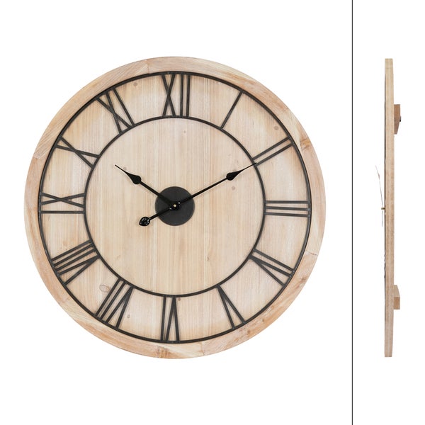 ECD Germany Große Wanduhr Ø 76 cm rund mit Römischen Ziffern, Dekorative Uhr aus MDF-Holz und Metall, Pinienoptik, Design Uhr im Vintage-Stil, Leisem Uhrwerk, geräuschlos, Analoge Dekor Wanduhr