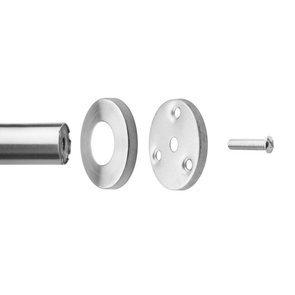 Explosionszeichnung eines Handlauf-Endstücks aus Edelstahl mit Rohr, Rosette, Montageplatte und Schraube.