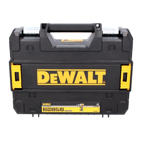DeWalt Werkzeugkoffer TSTAK für Akku-Schlagbohrschrauber DCD996NT, schwarzer Kunststoffkoffer mit gelben Verschlüssen und DeWalt Logo.
