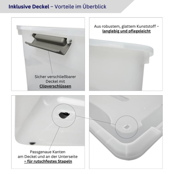 Details einer Aufbewahrungsbox mit Deckel und Clipverschlüssen aus robustem Kunststoff für langlebige Nutzung und rutschfestes Stapeln.