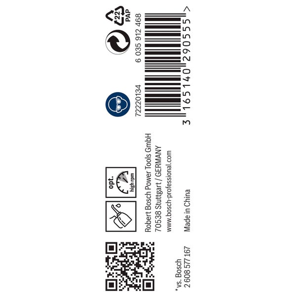 Recycling Symbol Papier; Augenschutz erforderlich; optimal für hohe Drehzahlen; Robert Bosch Power Tools Firmenlogo