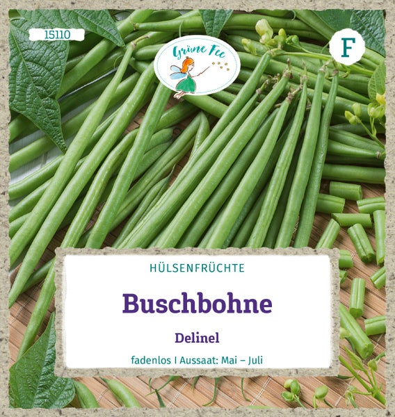 Samentüte für Buschbohne Delinel der Marke Grüne Fee, fadenlose Hülsenfrüchte, Aussaat von Mai bis Juli. Grüne Fee Logo.