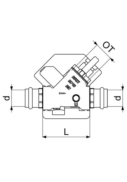 Technische Zeichnung eines Schrägsitzventils mit Maßangaben für Durchmesser, Länge und Oberteil, inklusive DVGW und DIN Kennzeichnung.