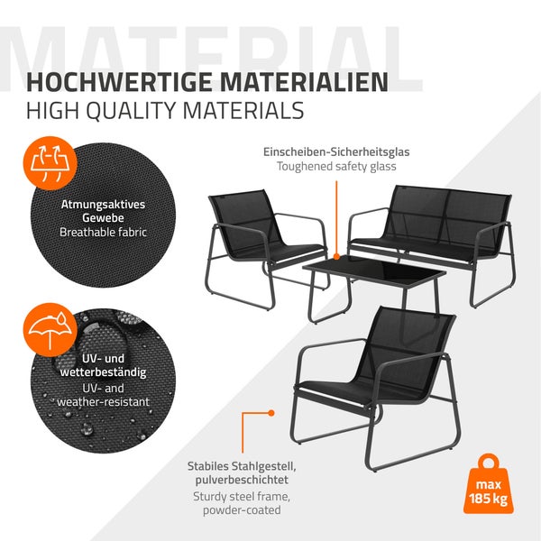 ML-Design Gartenmöbel Set 4-tlg, Schwarz, Balkonmöbel aus Stahl & Textilene für 4 Personen, Garten Sitzgruppe mit Glastisch, Sofa und 2 Sesseln, wetterfest, Gartengarnitur Outdoor für Balkon, Terrasse
