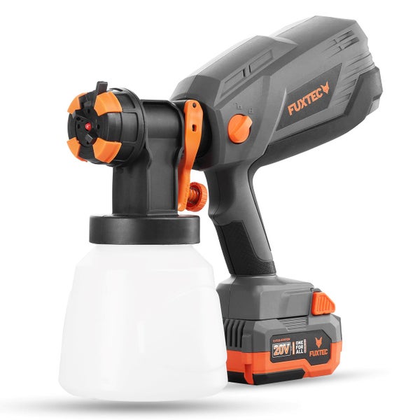 Fuxtec Akku-Farbsprühsystem mit 20 Volt Akku, verstellbarer Düse und Farbbehälter, Fuxtec Logo.