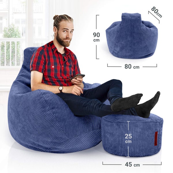 Green Bean Sitzsack mit Hocker aus Cord - Sitzsäcke für das Wohnzimmer, Schlafzimmer, Sitzsack-Sessel für Erwachsene Dunkelblau