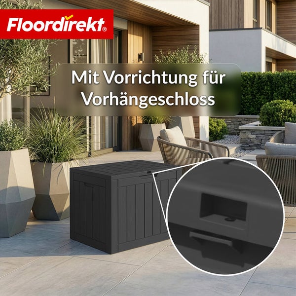 Schwarze Gartenbox mit Vorrichtung für Vorhängeschloss auf einer Terrasse