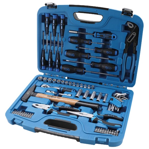 Geöffneter blauer Werkzeugkoffer mit verschiedenen Werkzeugen wie Schraubendrehern, Hammer und Zangen