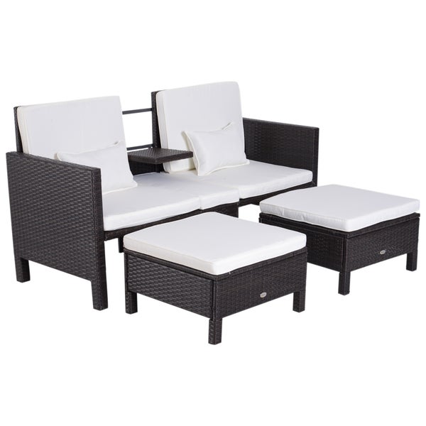 Outsunny 3-tlg. Gartensofa, 2er-Sofa, 2 x Hocker Kissen, L162 x B65 x H86 cm, Polyrattan + Metall, Braun