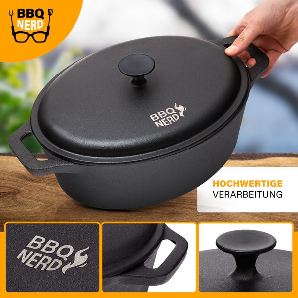 BBQ-Nerd Bräter mit Deckel (oval, 33x26 cm) aus Gusseisen 6,4 L | Bratentopf Kochtopf Gusseisentopf Schmortopf | Cocotte zum langsamen Garen - Herd, Ofen & Grill