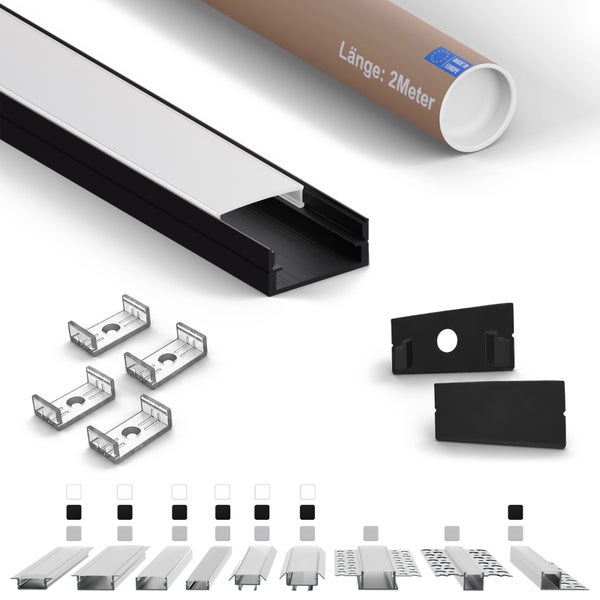 LED Aluminiumprofil Set mit Abdeckung, zwei Meter Länge, inklusive Befestigungsklammern und Endkappen für die Montage von LED Lichtstreifen.