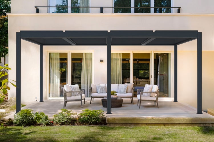 Pergola bioklimatisch aus graue Aluminium SANTA 5x3m - elektrisch verstellbares Lamellendach