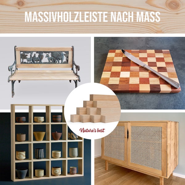 Collage verschiedener Holzprodukte: Gartenbank, Schneidebrett, Holzleisten, Regal und Schrank